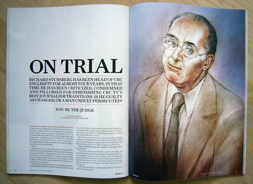 Two-page spread headlined â€˜On Trial,' with full-page illustration of Stursberg