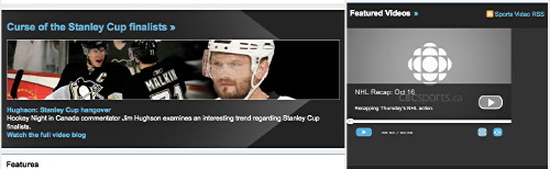 Hockey video player images with blue or white Helvetica on a black background