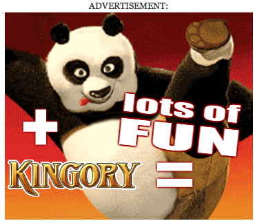 Ad shows panda kicking up one leg. KINGORY + lots of FUN =