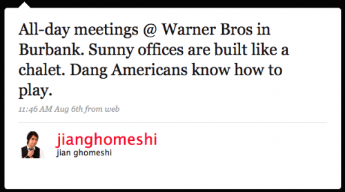 jianghomeshi: All-day meetings @ Warner Bros. in Burbank. Sunny offices are built like a chalet. Dang Americans know how to play