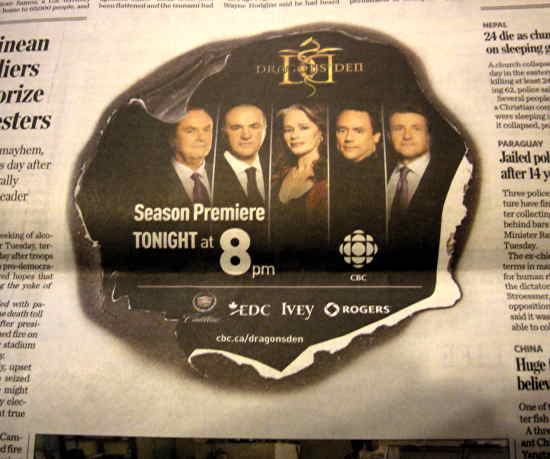 ‘Dragons’ Den’ ad seems to be burning through a newspaper page