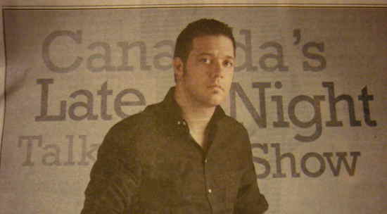 Strombo in front of background image reading Canada's Late Night Talk Show